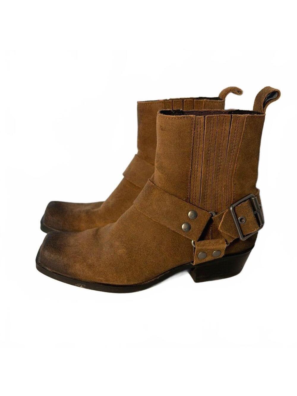 Pull&Bear Brown Suede Leather Harness Biker Boots Square Ankle Booties 38 7.5